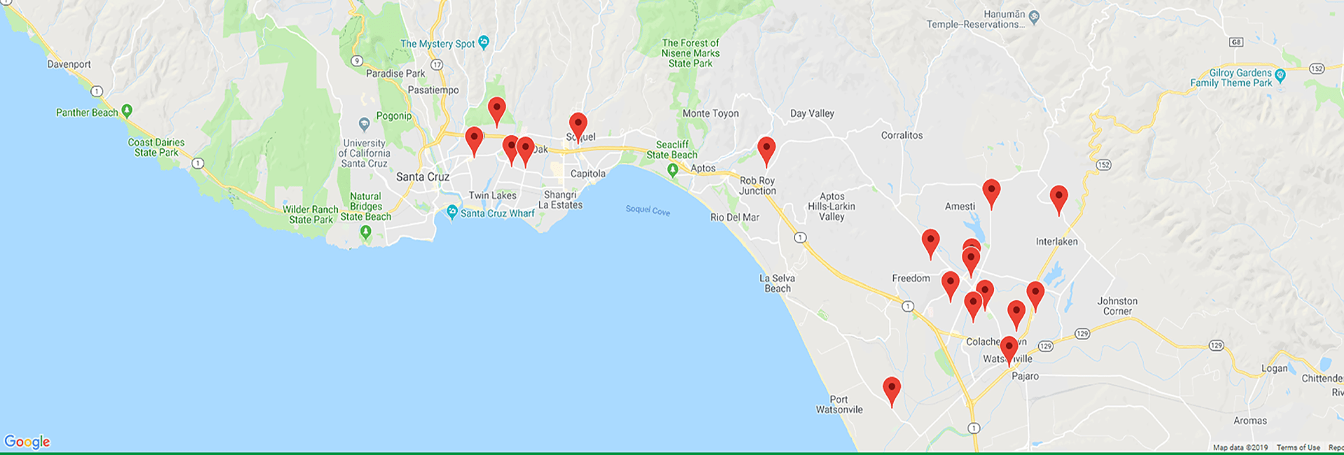 map image of the Santa Cruz Harbor area and the food distribution locations for the food bank
