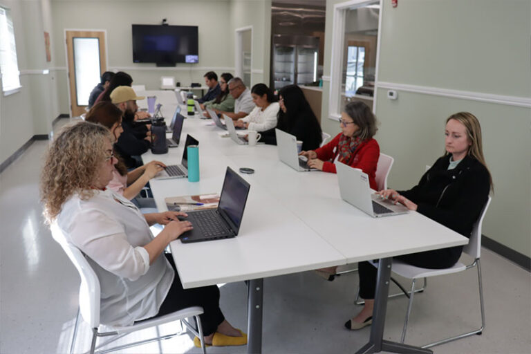 people working on laptops around table in meeting room